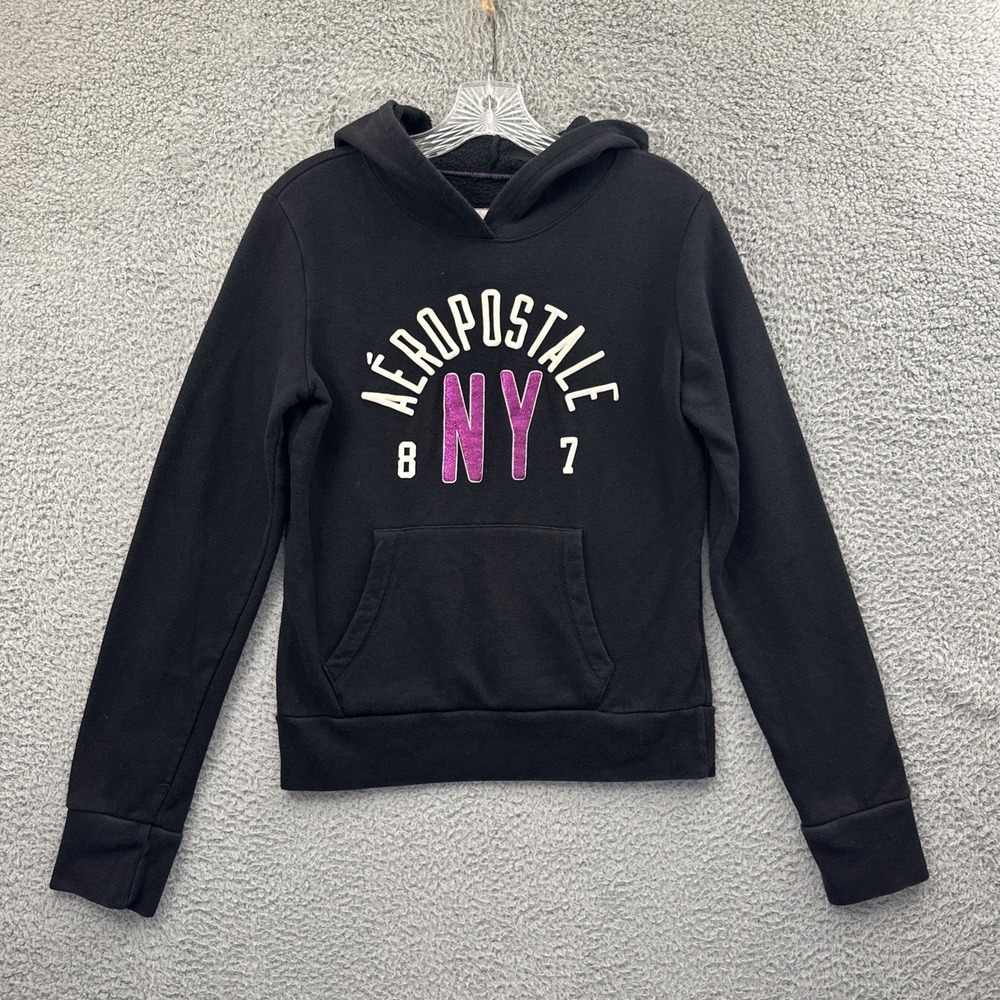 Y2K Aeropostale 87 NY Pullover Hoodie Black Spellout Preppy Woman's Medium